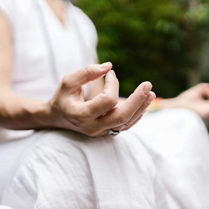 Detailed view of hands in a mudra position.